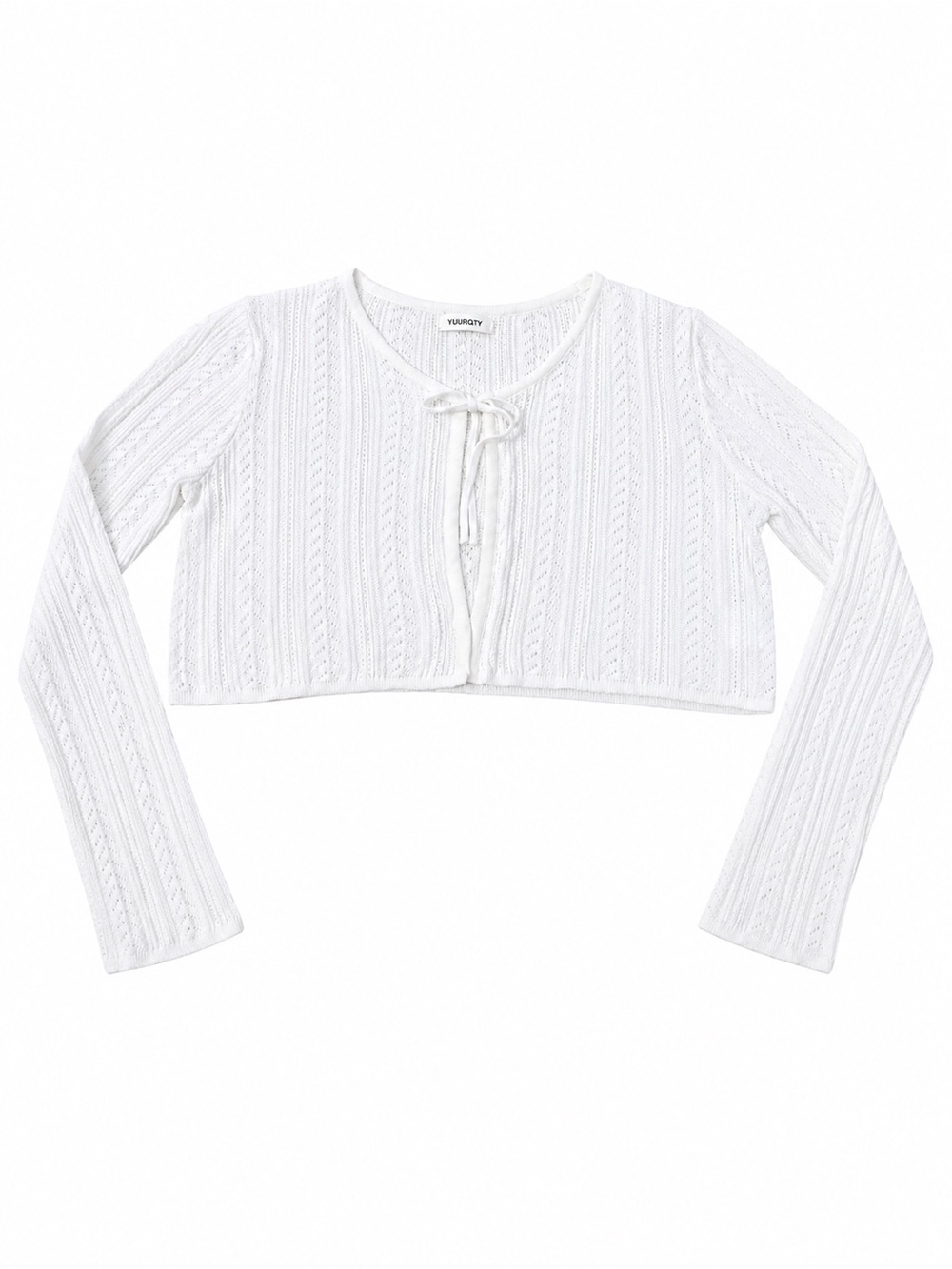 White Knit Tie Front Cropped Cardigan Long Sleeve Shrug YUURQTY